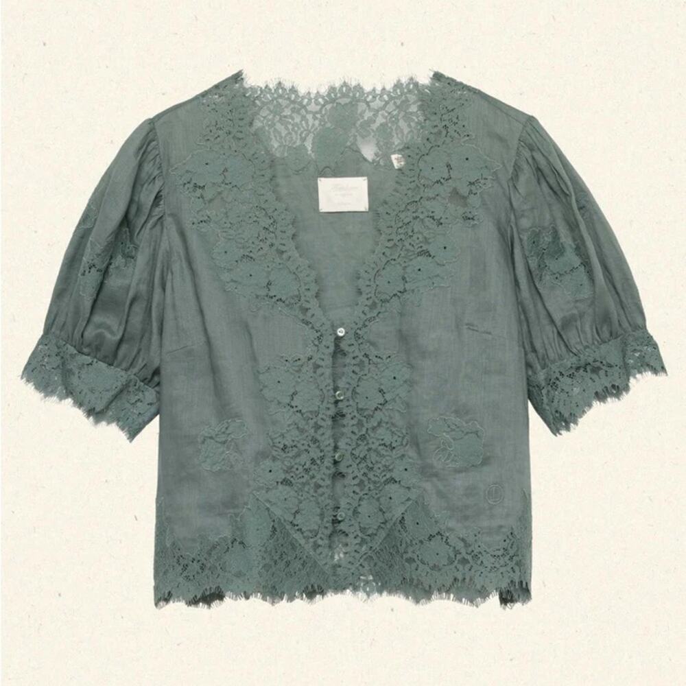 Doen Idella Ramie Lace V Neck Button Short Sleeve Blouse Top Lagoon Blue - Picture 6 of 7